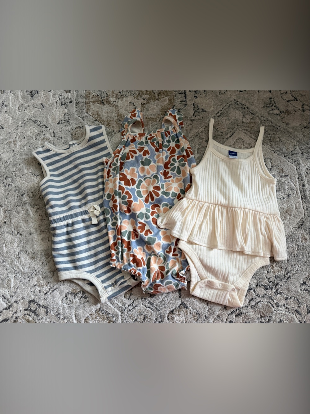 3-Pack Baby Girl Tank Rompers - Striped, Floral & Cream